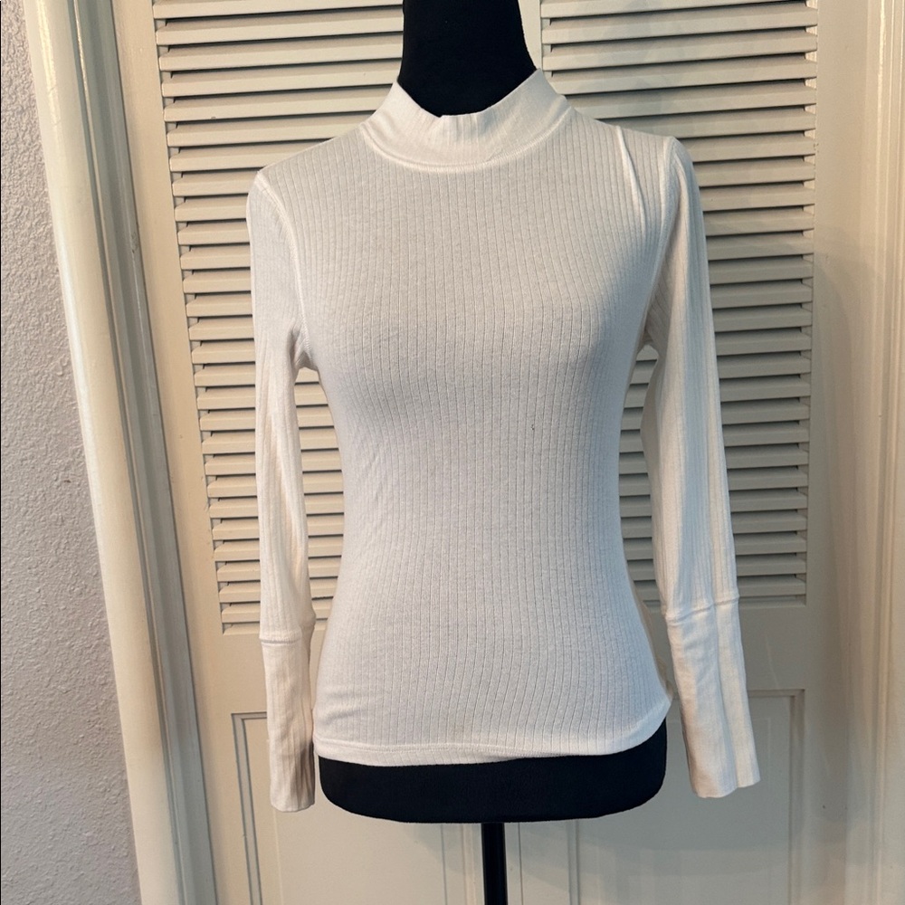 Free People White Ribbed Mock Neck Long Sleeve Top